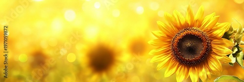Vibrant golden sunflower blooms in a blurred field, capturing the essence of summer and beauty.