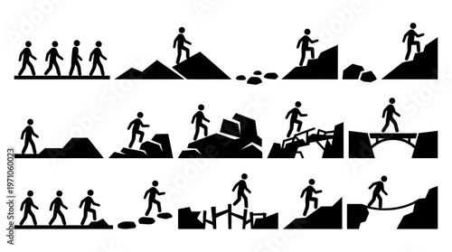 Business Challenge and Progress Journey: Glyph Vector Icons of People Overcoming Obstacles