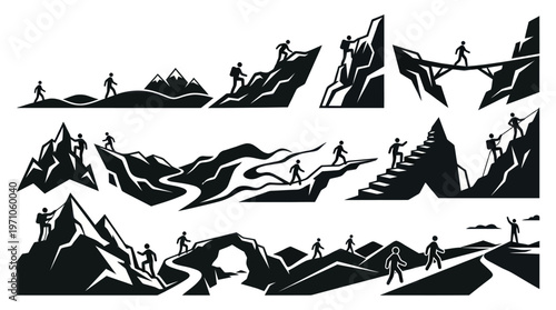 Outdoor Adventure  Sports Black Silhouette Glyph Icons: People Hiking, Climbing, Trekking Mountains