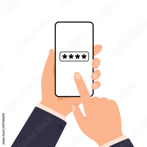 Password input on a smartphone login screen with a hand holding the phone, designed in a clean flat style to represent secure authentication, mobile account access, digital privacy, and modern