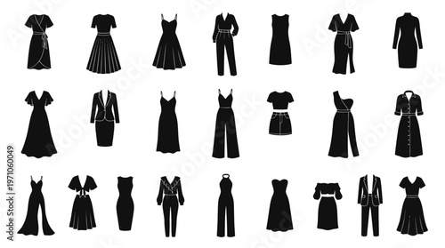 Women's Fashion Clothing Outfits Black Silhouette Vector Icons Collection