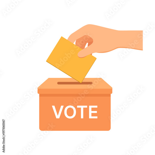 Vote box icon in a clean flat style showing a ballot being placed into a ballot box, isolated on a simple background and designed to represent political elections, democratic participation, candidate
