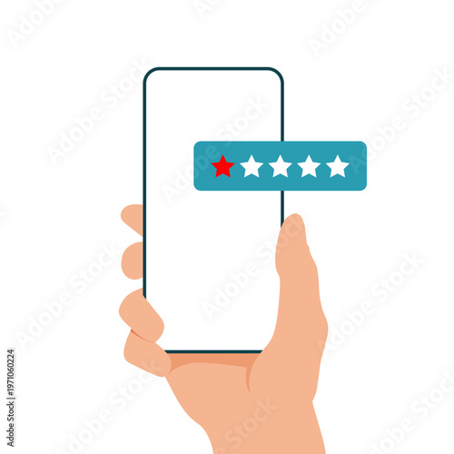 Bad review phone screen with one star rating displayed on a smartphone interface, designed in a clean flat style to represent negative customer feedback, poor service evaluation, and user review
