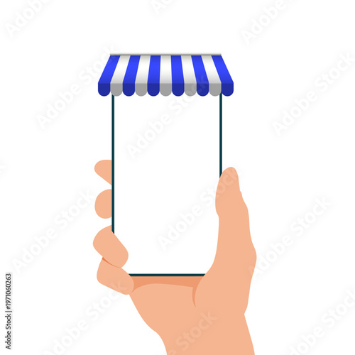 Hand holding a mobile smartphone with a shopping app displaying fashion items on the screen, illustrating the concept of online shopping, digital retail, and mobile commerce in a clean flat design