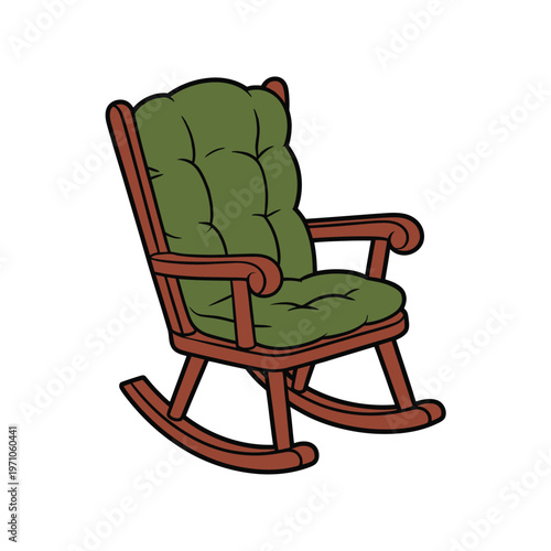 A cartoon-style illustration of a wooden rocking chair with green upholstery