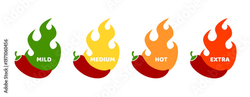 Spicy hot red chili pepper icons set with flame elements and heat rating levels from mild to extra hot, designed as a flat sticker collection for food packaging, menus, cooking apps, and spicy product