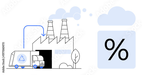 Environmental sustainability, waste management, carbon emissions, pollution monitoring, recycling processes, eco-conscious industries. Factory with recycling truck and emission percentage