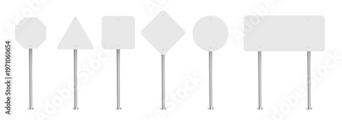 Realistic road traffic signs on metal poles with blank panels, designed as a clean mockup template ideal for transportation concepts, navigation design, safety communication, and urban infrastructure