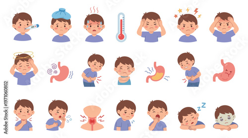 Medical Healthcare Child Illness Symptoms Flat Vector Illustration Set: Fever, Headache, Stomachache