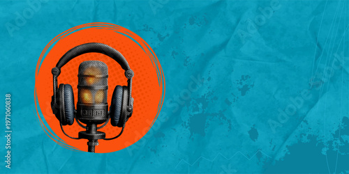 Headphones and microphone for recording with a halftone effect. Vector design of retro radio host equipment for a podcast cover or music event poster.