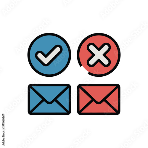 A graphic illustration of email icons with check and cross symbols