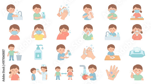 Kids Health Hygiene Practices Flat Cartoon Vector Illustration Set: Germ Prevention  Wellness