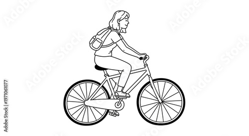 Line art illustration of a woman cycling with a backpack, symbolizing active transportation, healthy lifestyle choices, and daily urban commuting or outdoor recreation