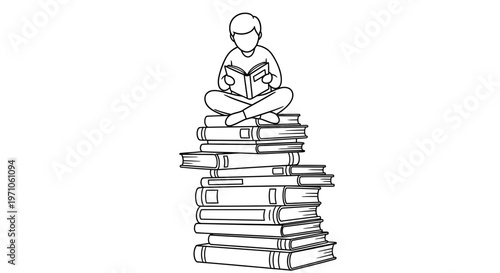 Abstract sketch illustrating a serene individual deeply immersed in the world of books, perched high on a monument of literary works, ideal for educational concepts