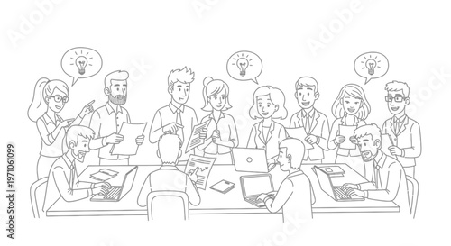 Diverse professional team collaborating, brainstorming, and generating innovative ideas during a productive business meeting, 