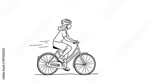 A woman in a helmet rides a bicycle with motion lines indicating speed, emphasizing an active lifestyle
