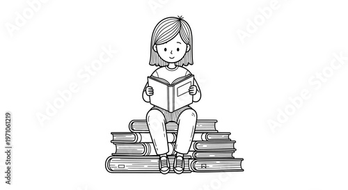 Joyful Young Girl Immersed in Reading, Sitting Comfortably Atop a Tower of Books, Symbolizing Knowledge and Education in a Simple Monochrome Illustration