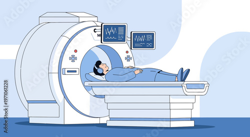 Patient undergoing MRI scan in a modern medical facility with monitoring screens.