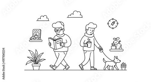 Two men walking outdoors, one reading a book and the other walking his dog, with plants and clouds in the background