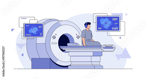 Patient undergoing MRI scan in a modern medical facility with brain imaging displays