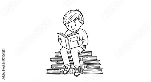 Charming illustration of a focused young boy deeply engrossed in reading a book, while comfortably seated on a towering pile of books, symbolizing knowledge and education and the joy of discovery