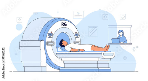 Patient undergoing MRI scan in a modern medical facility with technician monitoring