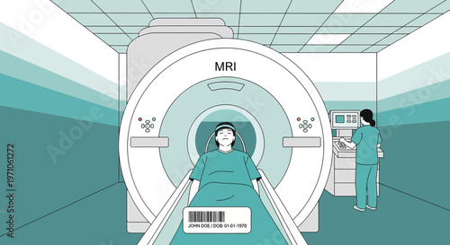 Patient undergoing MRI scan in a modern medical facility with technician operating controls