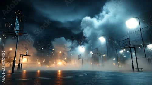 Nighttime basketball court shrouded in fog and lights