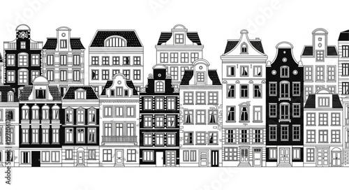 Detailed black and white illustration of Amsterdam canal houses.