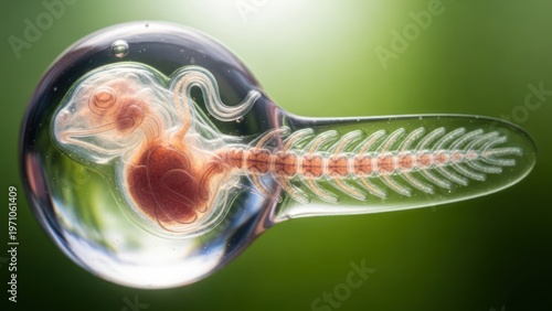 Developing amphibian embryo inside a translucent egg, showcasing intricate biological details and early life stages.