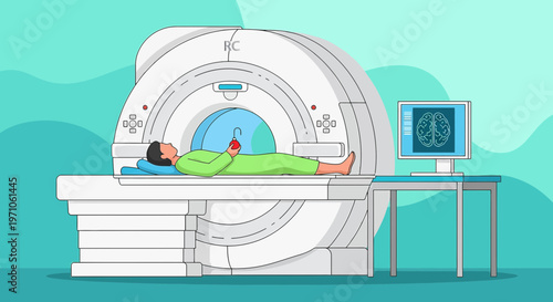 Patient undergoing MRI scan in a modern medical facility, brain scan on screen