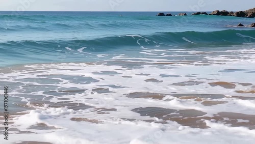 Beautiful ocean waves rolling onto the sandy beach on a sunny day.