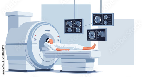 Patient undergoing MRI scan in a modern medical facility, brain scans displayed