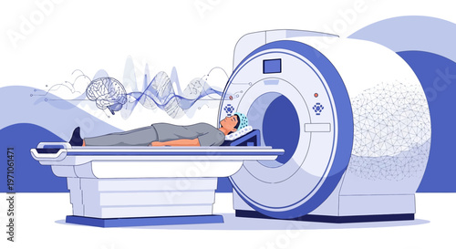 Patient undergoing MRI scan in a modern medical facility, brain waves visualization