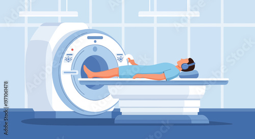 Patient undergoing MRI scan in a modern medical facility, close-up of the machine and patient.