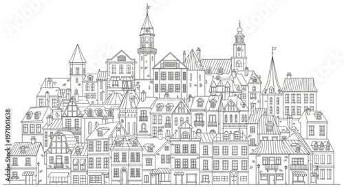 Detailed Black and White Sketch of European Cityscape Architecture.
