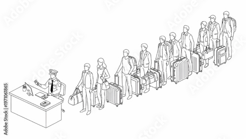 Travelers Standing in Line with Luggage, Officer Checking Passports, Architectural Elevation Line Drawing, White Background