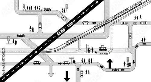 Detailed City Traffic Intersection and Pedestrian Flow Diagram.