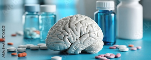 A model brain surrounded by various pills and medicine bottles on a blue surface, symbolizing neurological health and pharmaceuticals.