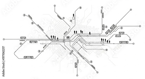 Detailed diagram of a complex railway system with multiple lines and stations.