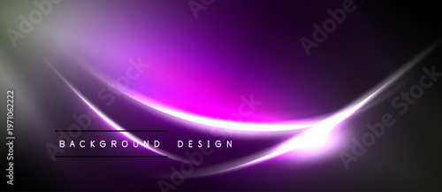 Abstract purple light streaks over black background. Smooth curves create dynamic visual effect. Text reads background design.