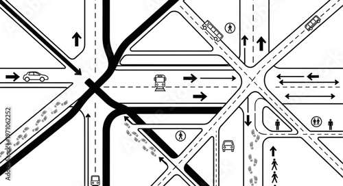 Detailed Diagram of Complex Urban Intersection with Traffic Flow.