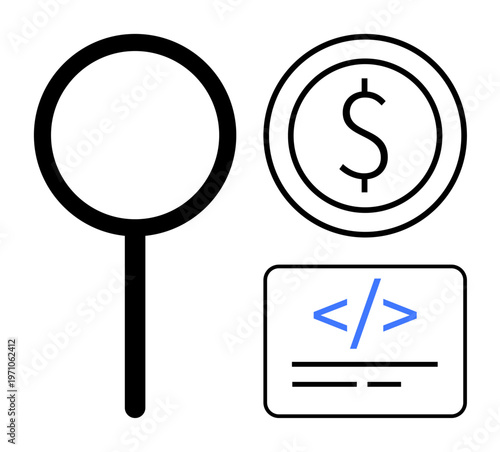 Business finance, coding, online transactions, software development, data analysis, technology systems. Magnifying glass, dollar symbol code snippet. Business finance and coding