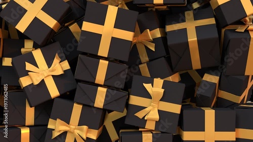 3D animation of black gift boxes falling on transparent background, ideal for black friday sale. Video with alpha channel