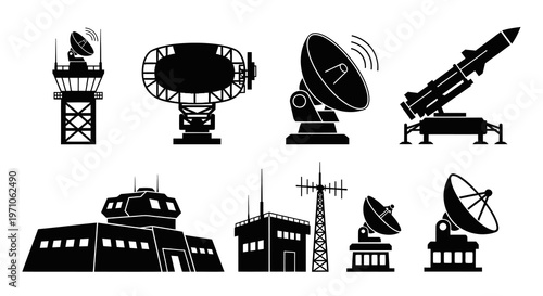 Military Defense Radar Systems, Missile Launcher, and Aviation Control Tower Glyph Icons