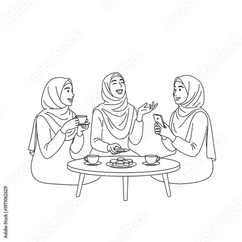 Three women wearing headscarves sitting together.