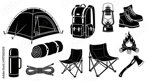 Outdoor Camping Equipment Black Silhouette Icons Set with Tent, Backpack, Boots  Campfire