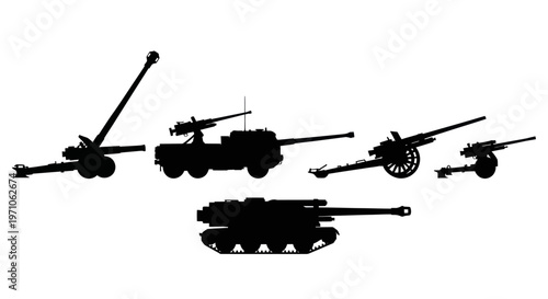 Military Industry Artillery Weapons Silhouettes Vector Art - Cannons, Howitzers Collection