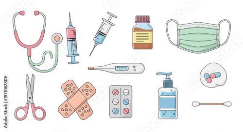 Medical Healthcare Equipment and Supplies Collection Flat Vector Illustration