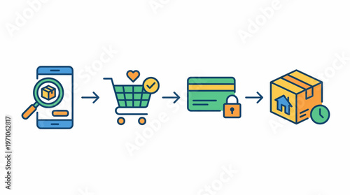 Online shopping infographic shows mobile search to delivery process with infographic elements